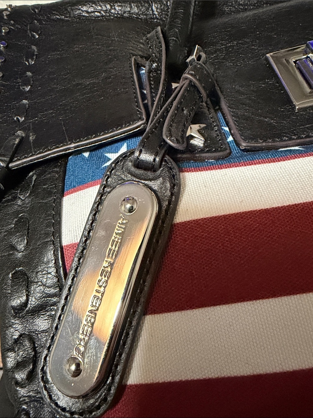 Aimee Kestenberg Black Leather American Flag Tote Bag Studded Satchel Handbag - Picture 5 of 13